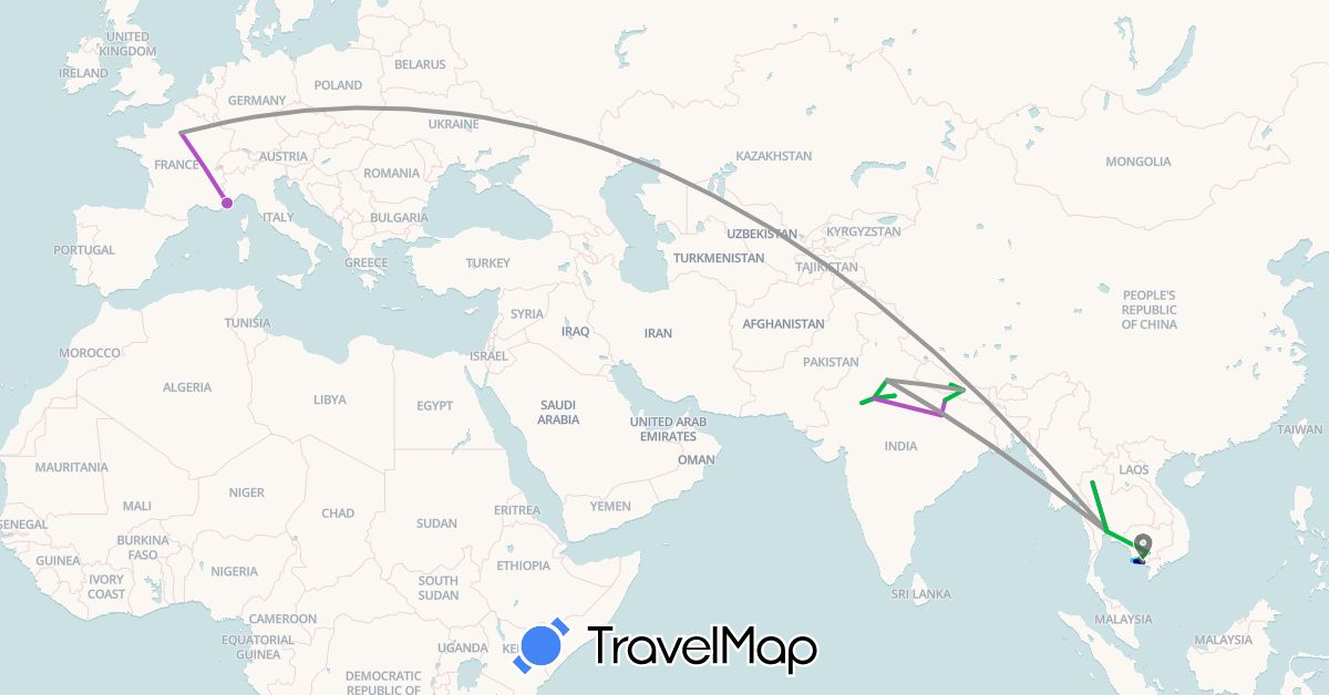 TravelMap itinerary: driving, bus, plane, train, boat, motorbike in France, India, Cambodia, Nepal, Thailand (Asia, Europe)
